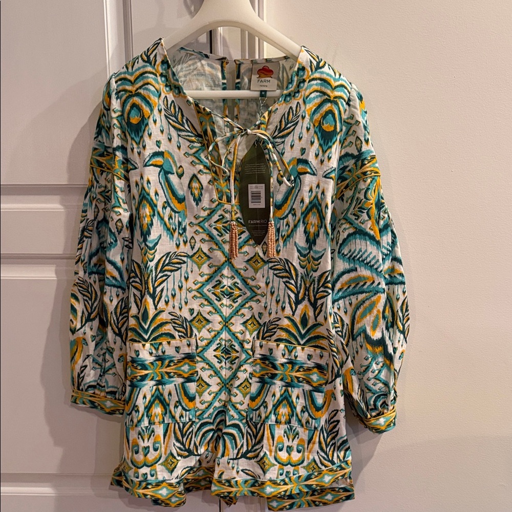 FARM Rio M Teal & Mustard Printed Tie-Neck Romper.